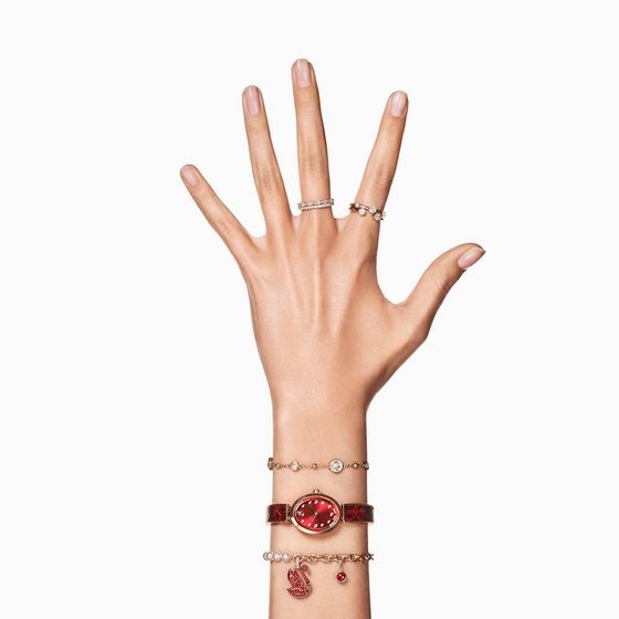 Relogio-Crystal-Rock-Oval-Fabricacao-suica-Pulseira-de-metal-Vermelho-Acabamento-em-rosa-dourado